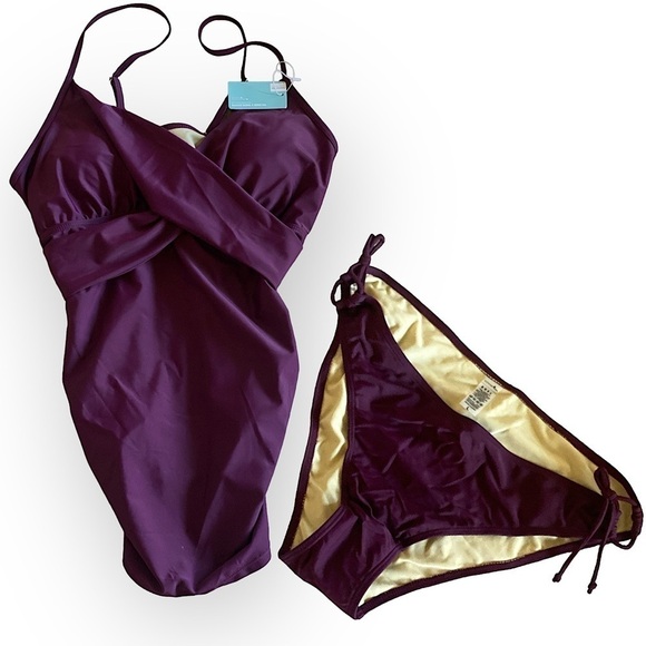 Solid Wine Color Retro Maternity 2pc Tankini Swimsuit Large NWT Spaghetti Straps - Picture 4 of 11
